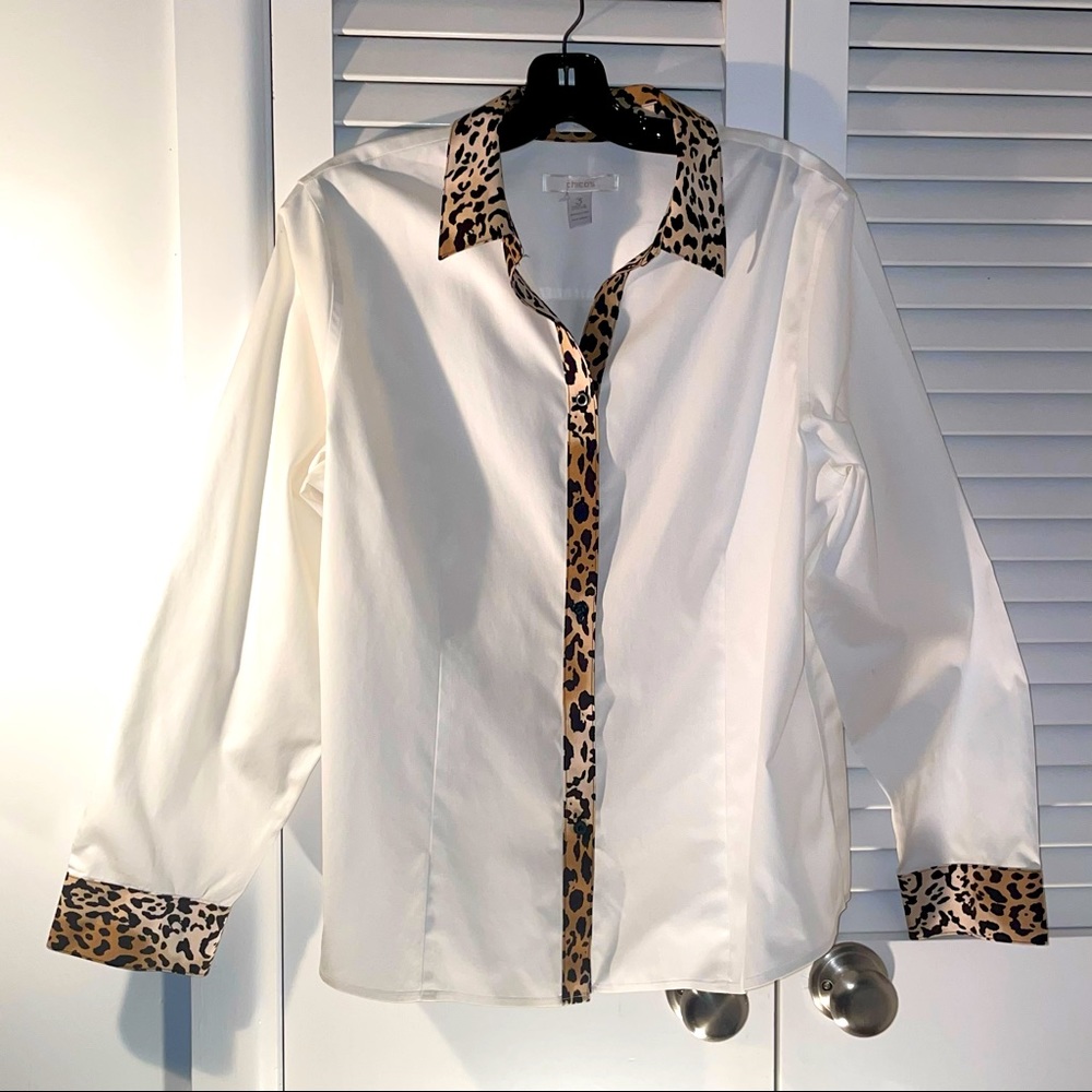 Chico's Size 3 Blouse White with Leopard Trim
